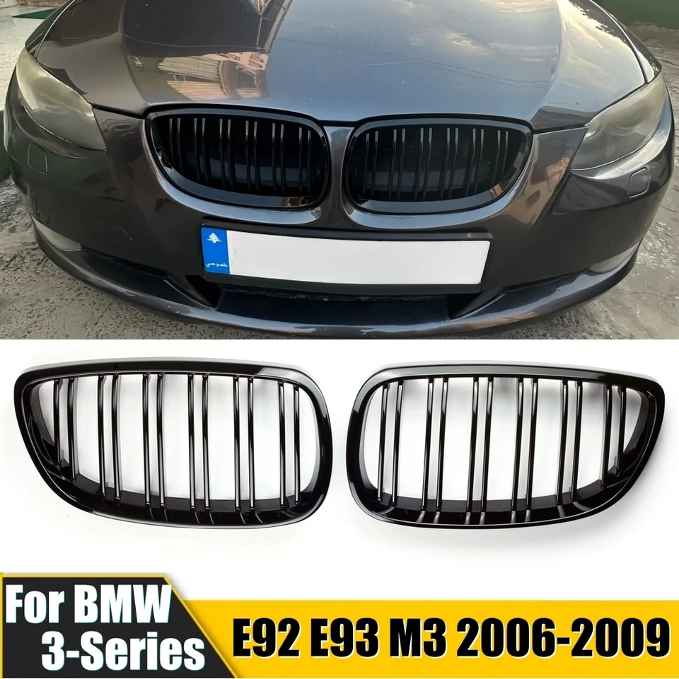 2pcs predný nárazník obličkový gril pre BMW E92 E93 M3 2006-2009 Gloss Black Dual Line Grille Styling Styling Racing Grilles
