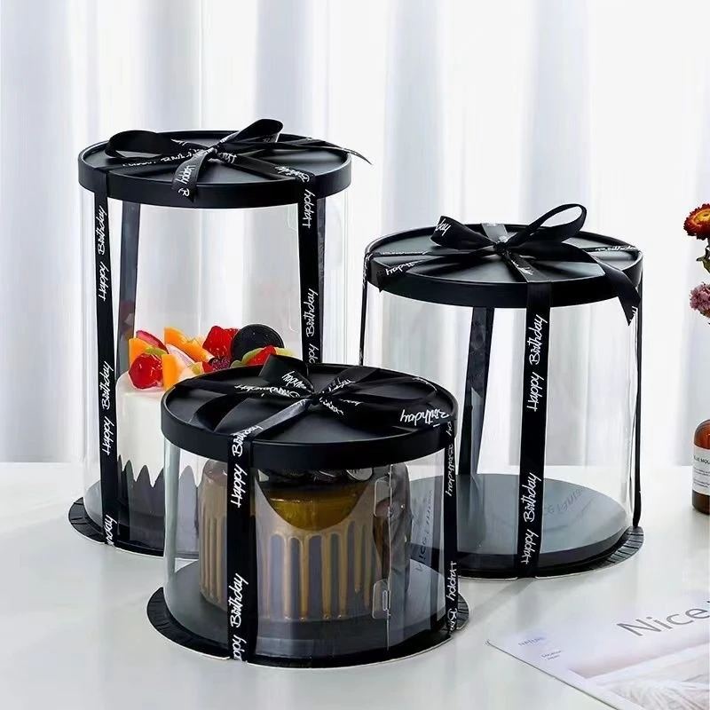 2pcs priehľadná koláčová skrinka s stuhou 4 palcový PVC Round Cake Balenie Box Darčekové krabičky na narodeniny svadobné festivalové dekorácie