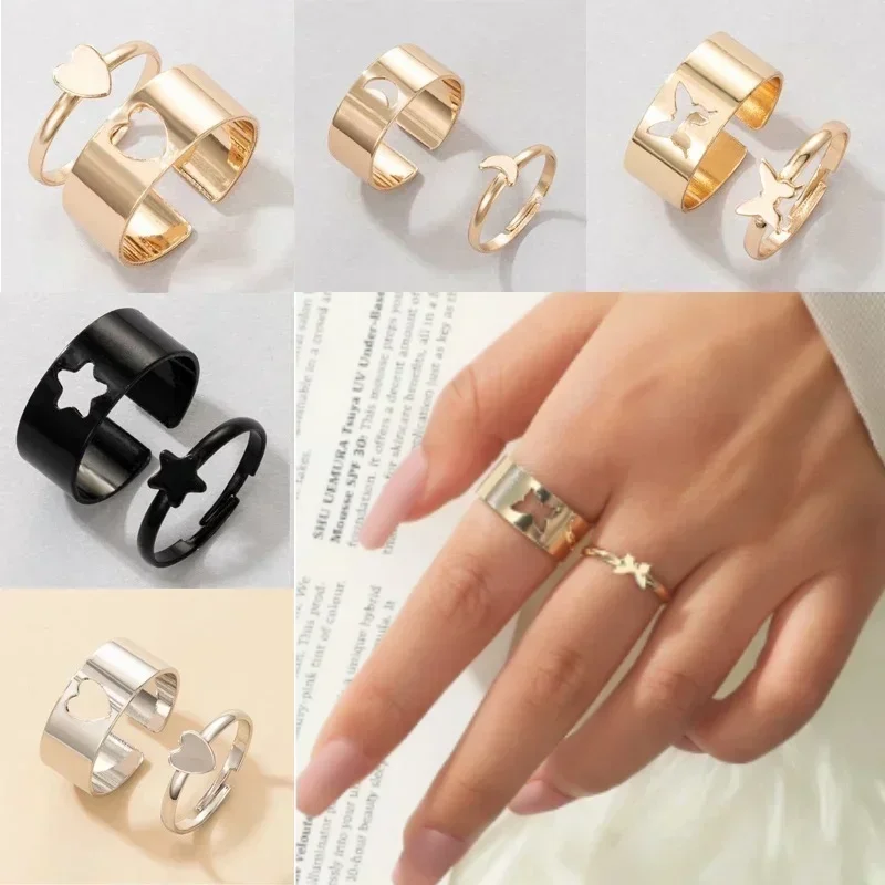 2pcs prsteň set milenec Star Moon Motýfly prstene pre ženy Men Pár Zlatá čierna strieborná farebná zásnubná zásnub