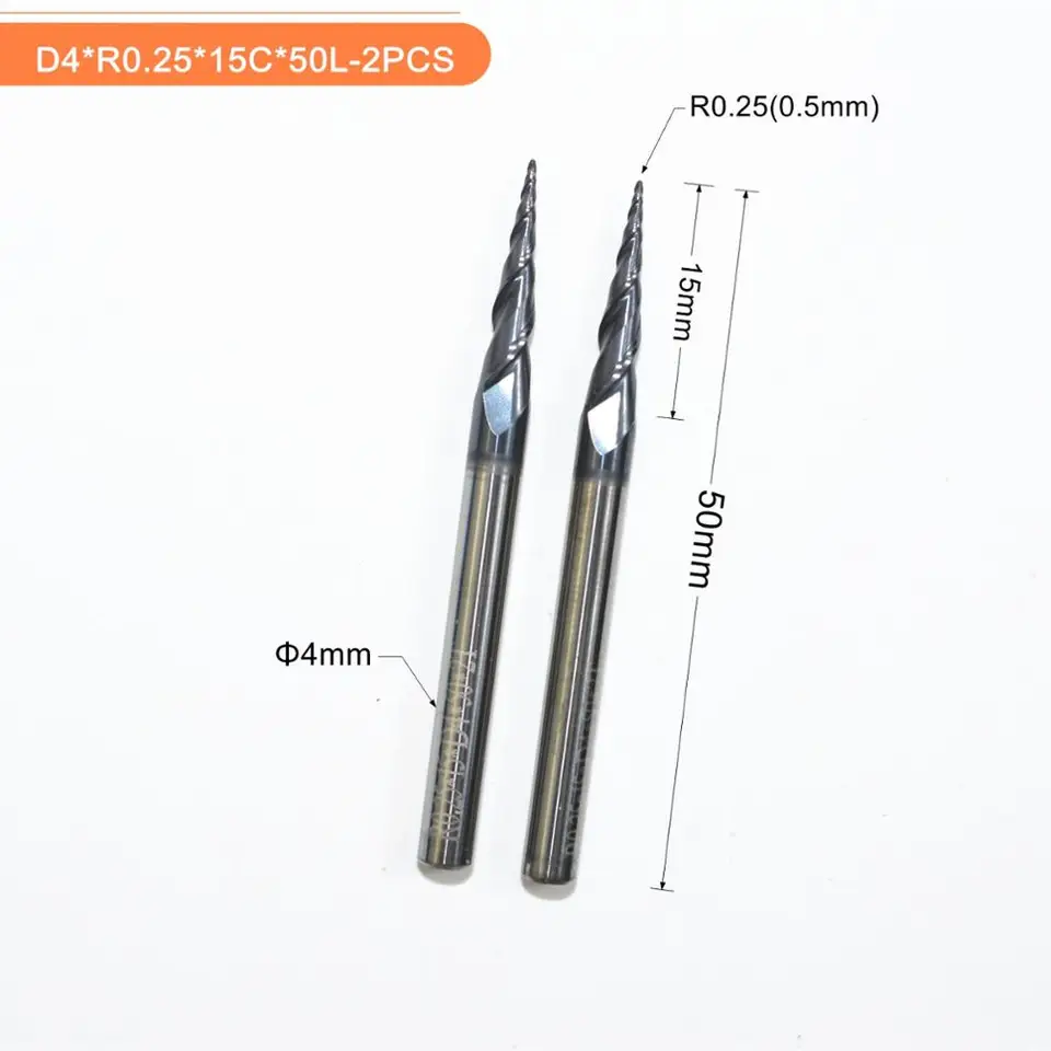 -2pcs, R0,25*D4*15*50L, HRC55 Volfrámový tuhý karbid Tialn Tialn Coated Gupered Gall Nose koncové mlyny, kužeľ a kužeľový bit, drevo