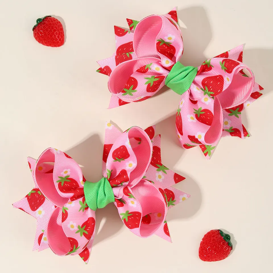 2pcs Ribbon Strawberry Print luky vlasové svorky Bowknot Hairpin Kid Barrettes ružový conp clip clip headear pre deti vlasové doplnky