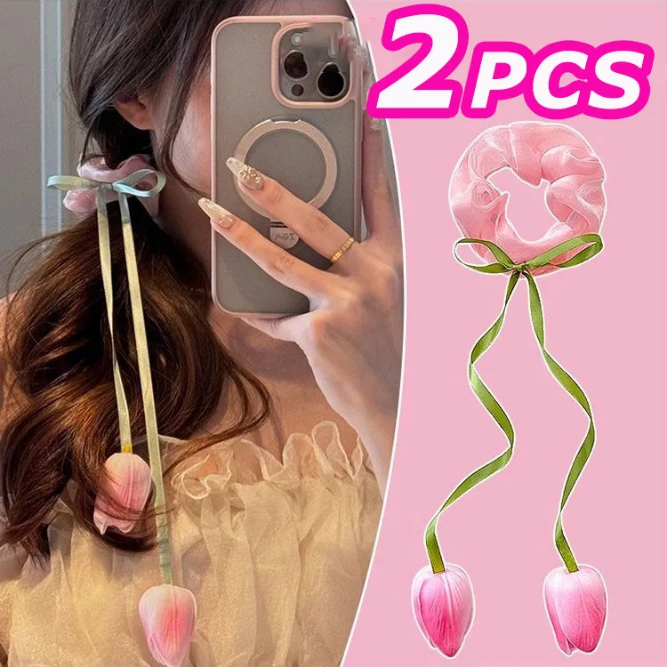 2pcs ružový zelený tulip kvetinové lano vlasov pre ženy elegantné vlasové bankovky brehknoty elastické vlasové krúžky Dievčatá sladké vlasové doplnky