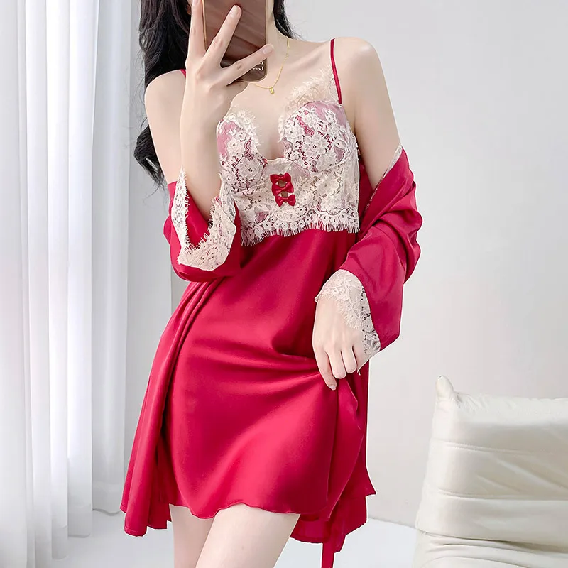 2pcs rúž na šaty Ženy Rayon Bunt Gown Sleep Set letné domáce oblečenie Sleepdress Casual Kimono Sleewear