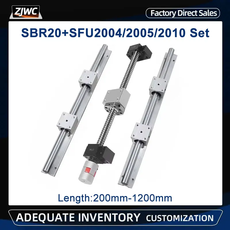 2PCS SBR20 Lineárna koľajnica+SFU2005 Ball skrutka 200-1200 mm+2005 matica+BKBF15 END SPOTAJE+COUPLING+2005 KYSTRANIE NUT+4KS SBR20UU pre XYZ