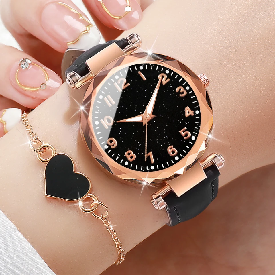 2pcs/set Fashion Starry Sky Dial Dial Watch Watch kožené kapely Quartz hodinky srdcový náramok set