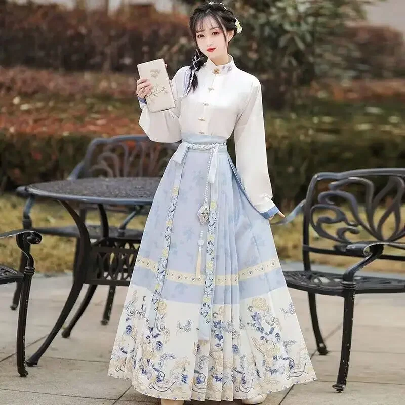 2pcs set hanfu koňa tvár sukňa Moderné ženy jar dlhé rukávy modrá čierna košeľa+sukňa čínska sukňa Hanfu Horse Face for Women