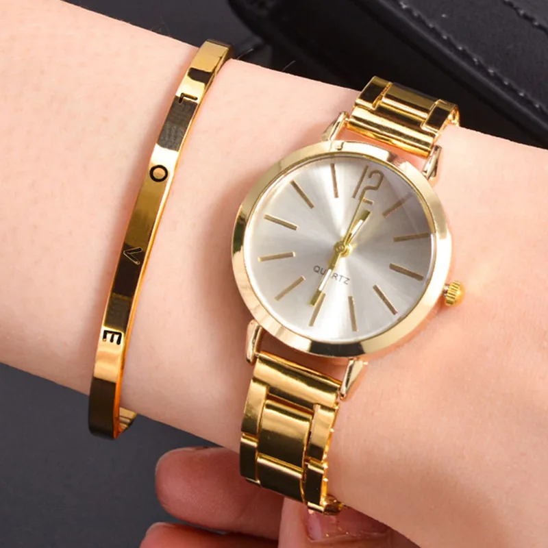 2pcs set hodinky luxusné ženy jednoduché vytáčanie duté remienok Fashion zlatý náramok Quartz náramky Študentské dámy hodinky reloj mjer