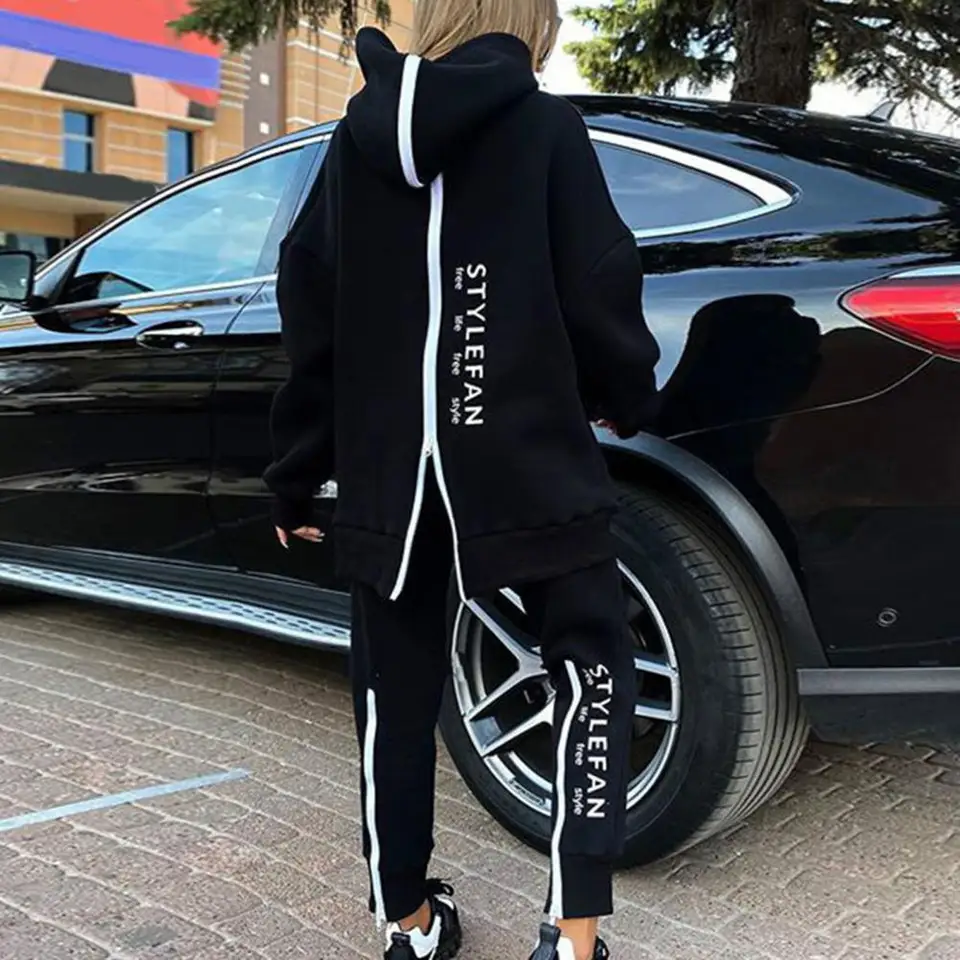 2pcs/set jeseň Zimné dámske oblečenie dlhé rukávy zadné zipsové elastické pásy kapucňové nohavice set listových vreciek vrecie
