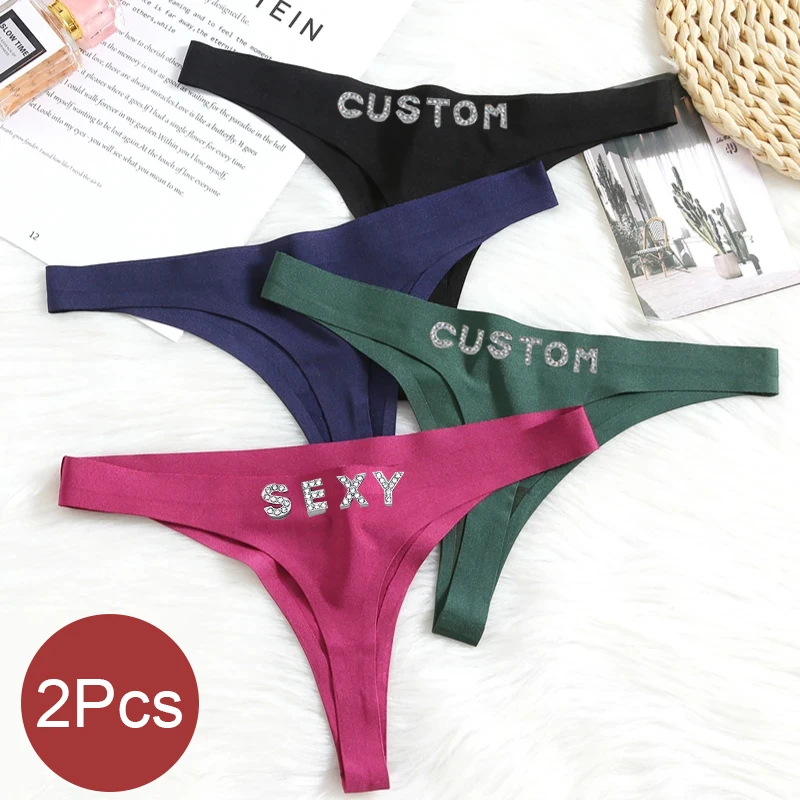 2pcs/set Sexy Custom DIY DIY Crystal Letter Názov Ženy Soft Underwear Solid G-String Personalizované nohavičky T Back Lingerie Tanga