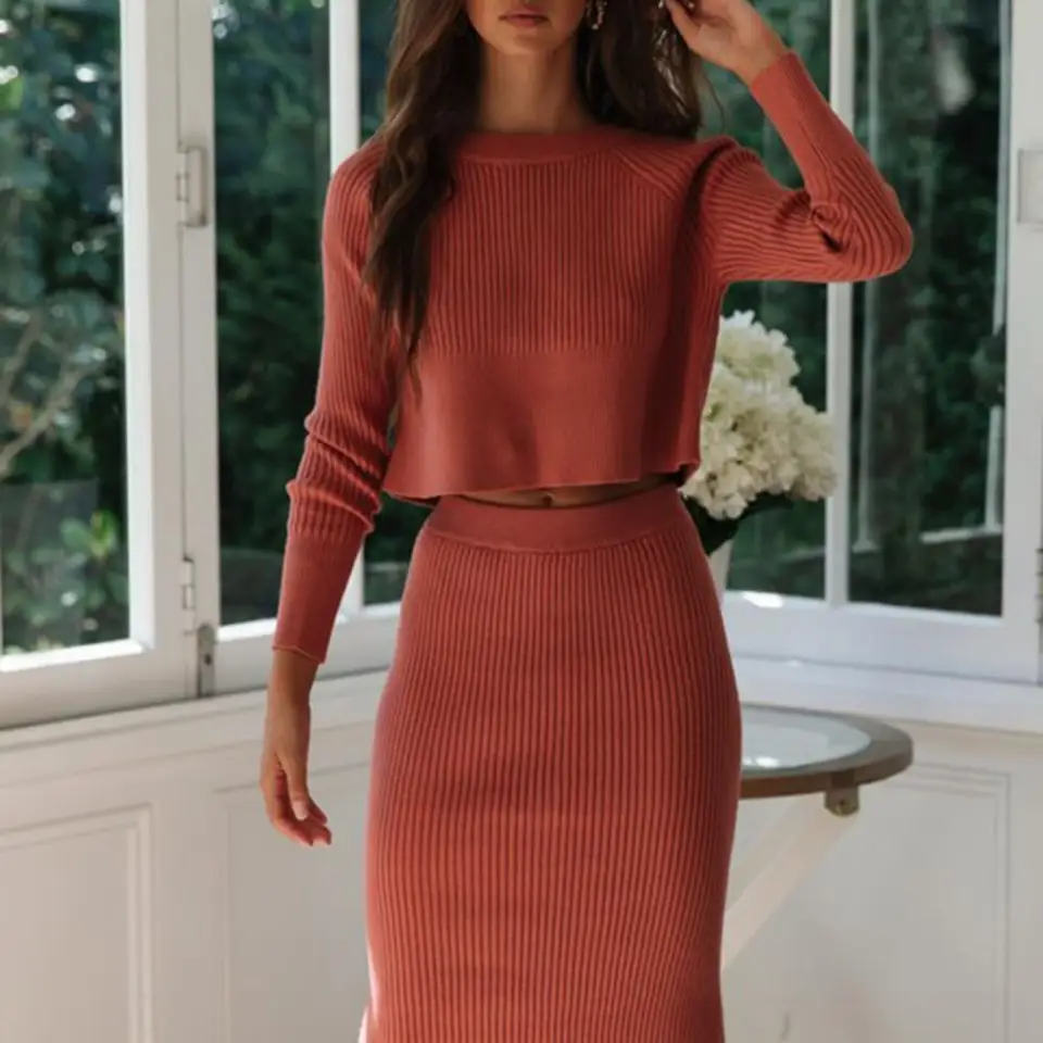 2pcs/set sveter sukne obleky okrúhly krk Pullover Vysoký pás Zadný rozdelený lem rebrák tepelne pružné ženské plodiny Top Bodycon Midi s