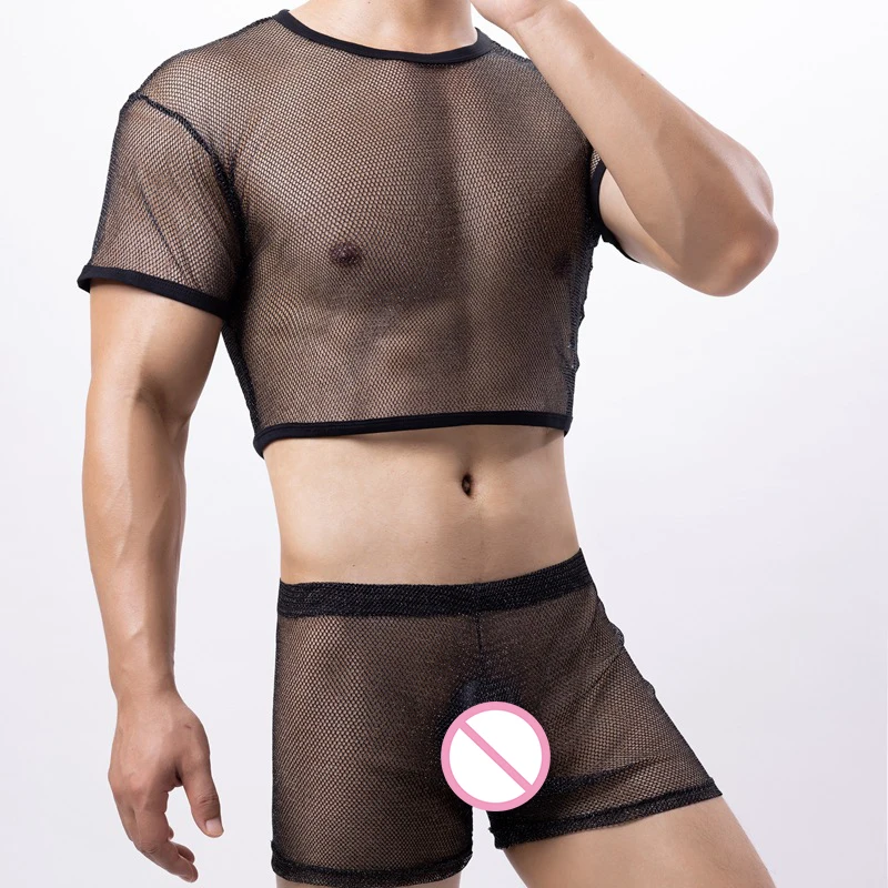 2pcs/sety Exotické sieťové gay clubwear Wetlook Pozrite sa cez kraťasové rukávy plodiny topánky boxer kraťas