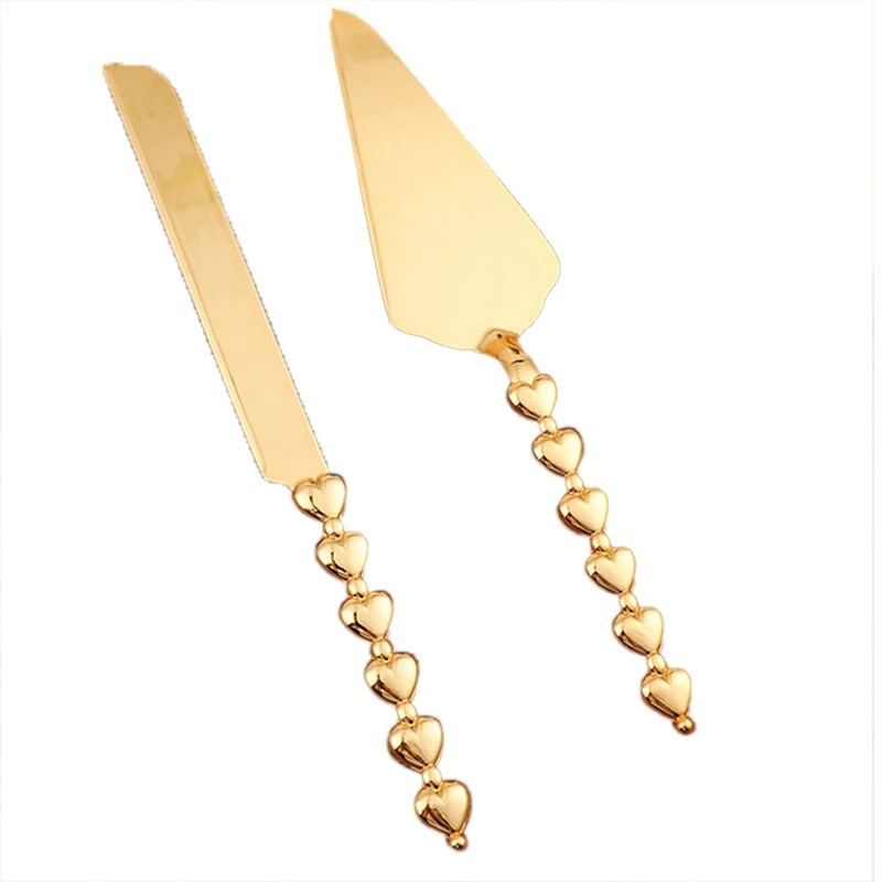 2pcs Srdce Tvar rukoväte koláč Cutter Zlatý koláč lopaty nôž svadobná torta Nož Nôž Set Party DETIDLE DETIDER
