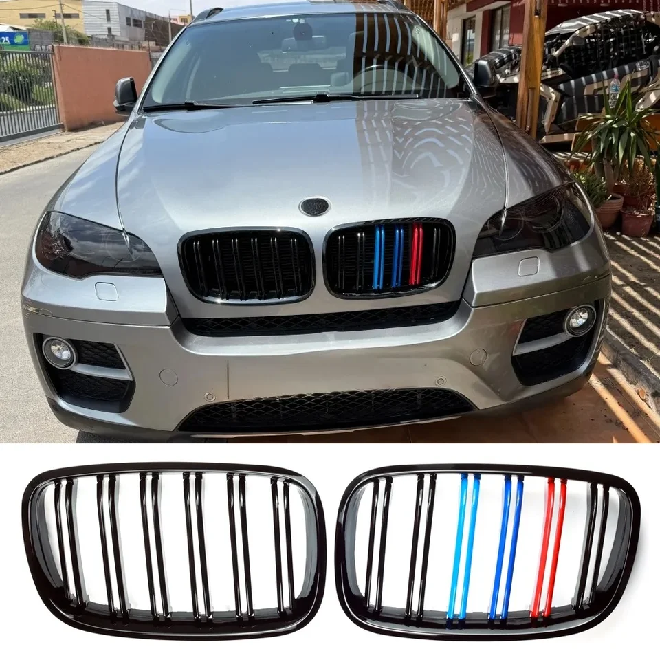 2PCS STYLE STYLE GLOS BLACK PREDNÁ PREDNÁ KILSKÁ Dvojitá mriežka mriežky pre BMW X5 E70 2007-2013 X6 E71 E72 2008-2014