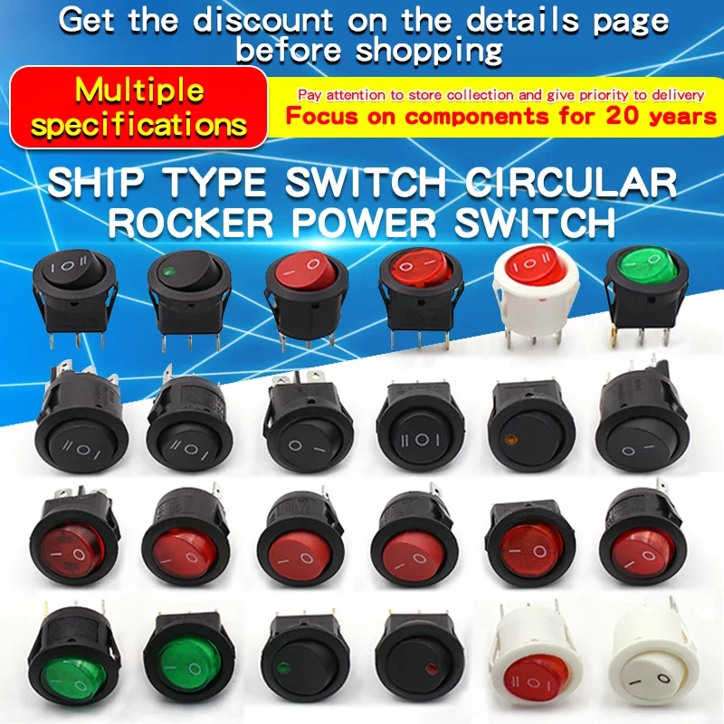2pcs Typ lode Switch Loď v tvare okrúhleho rozbočovacieho spínača Tlačidlo 2-kolík 3 červená zelená biela čierna diera 20 mm 6a 250V