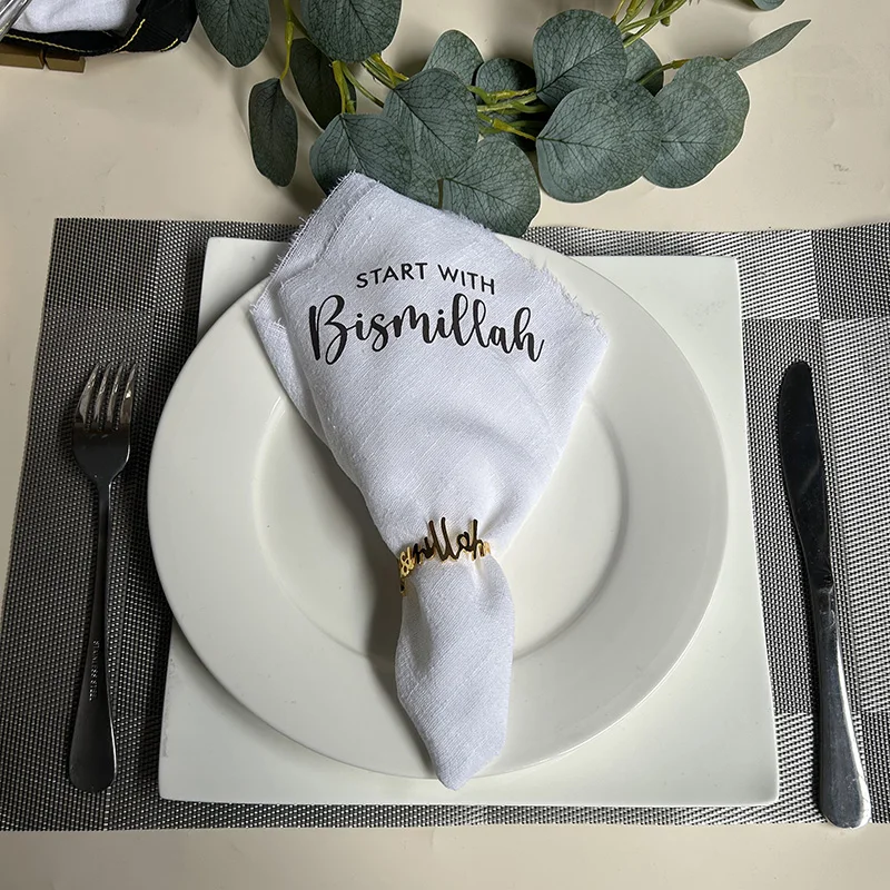 2pcs začínajú s bismillah obrúskom prsteň Eid al-Fitr Ramadan Mubarak Muslim Kareem Islamský iftarový stôl Domovod