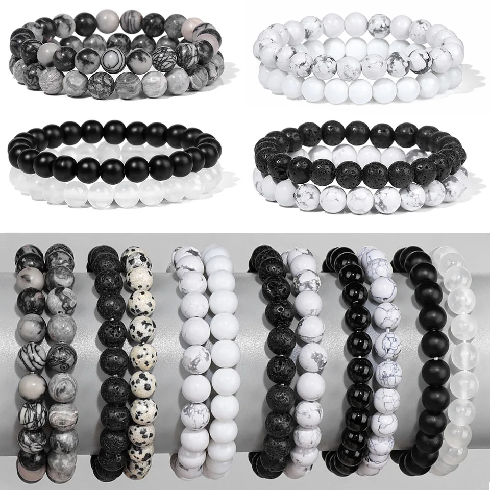 2pcs čierny biely kamenný korálkový náramok 8 mm prírodný korčuľový howlite sopečný láva gem gem na úsek hojenia Energeticky darček