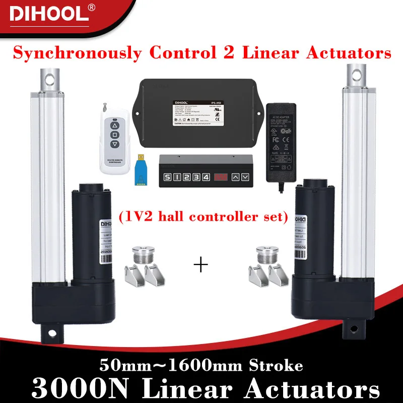 2Piece lineárne ovládače so synchrónnou sadou ovládacích halových ovládačov (1v2) 24V 50 mm ~ 1600 mm zdvih 3000n 30 kg ~ 300 kg Zaťaženie 50 mm/s