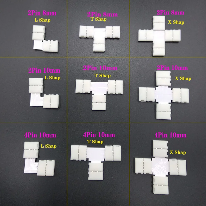 2pin / 5pin bezplatný spájkovací LED konektor 10 mm L / t / x Tvarový rohový konektor pre LED pásové svetlo RGB RGBW RGBWW