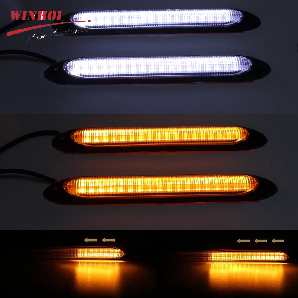 2PSC DRL LED prúžky automobilu Denné svetlo Automobilové svetlomety Stripte biele až žlté tokové zákrutové signálne žiarovky 12 V auta Lamp