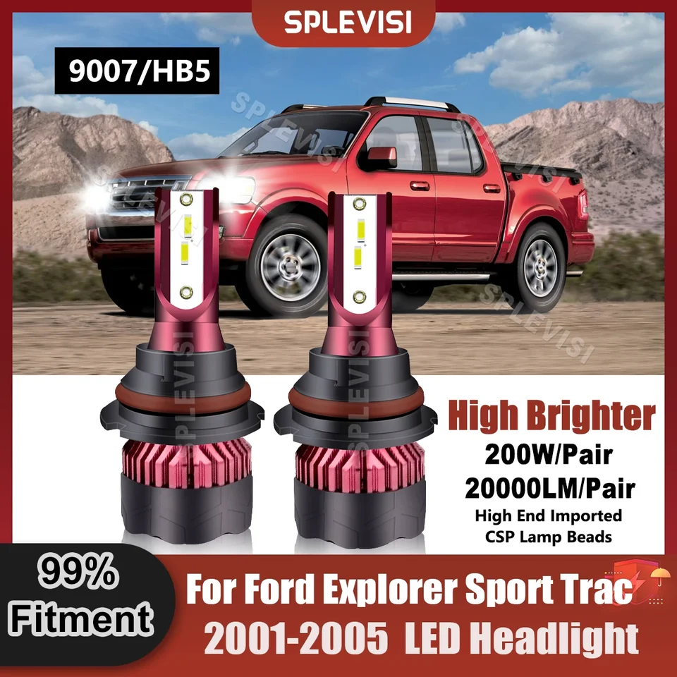 2x LED svetlomet 9007/HB5 Vysoké žiarovky s nízkym lúčom pre Ford Explorer Sport Trac 2001 2002 2003 2004 2005 360 stupňov osvetlenia