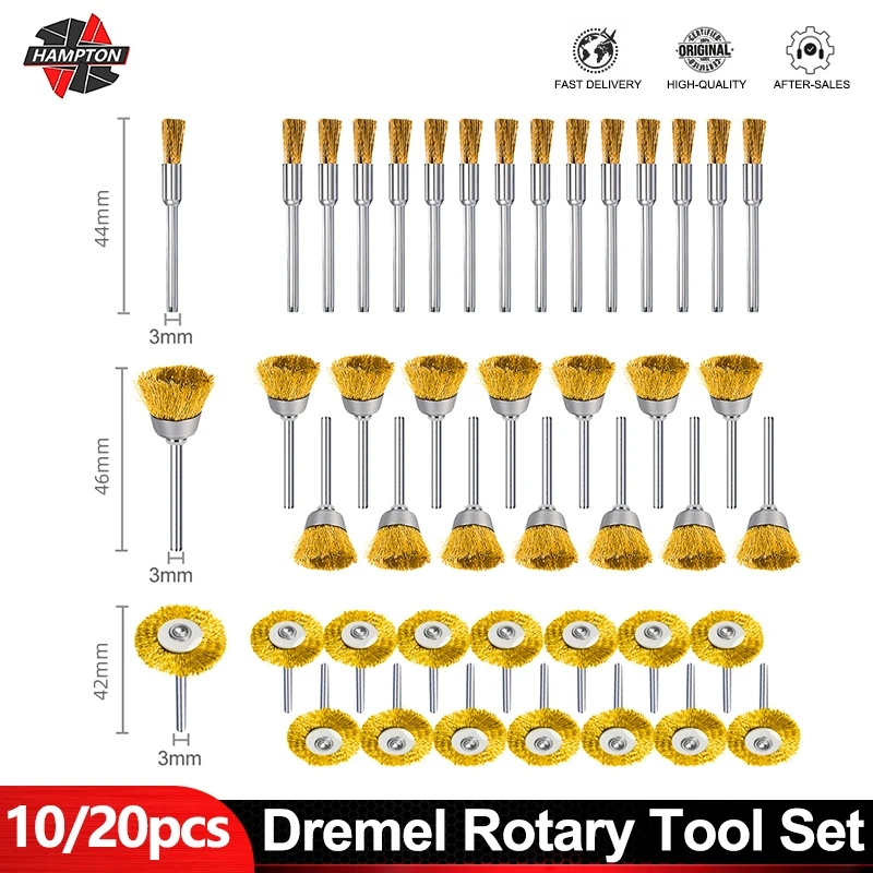 3,0 mm driek drôtovej kefky BRUSS DREH 10/20PC Leštiaci nástroj Kovové odstraňovanie hrdze Nerezová/nylonová/mosadzná oceľ pre rotačný nástroj Dremel