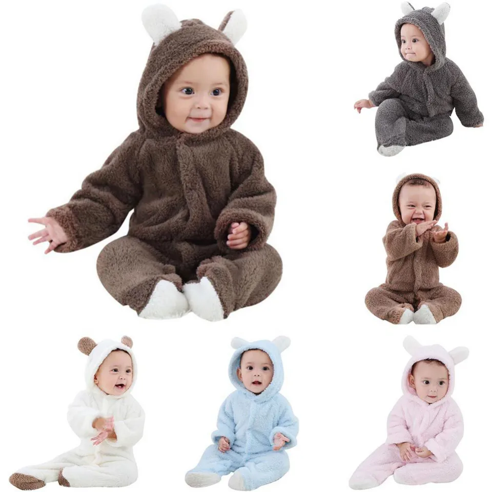 3-12M Bear Winter Warm Fleece Baby Rompers Girls Girls Boys s dlhým rukávom s kapucňou Dojčenské dojča