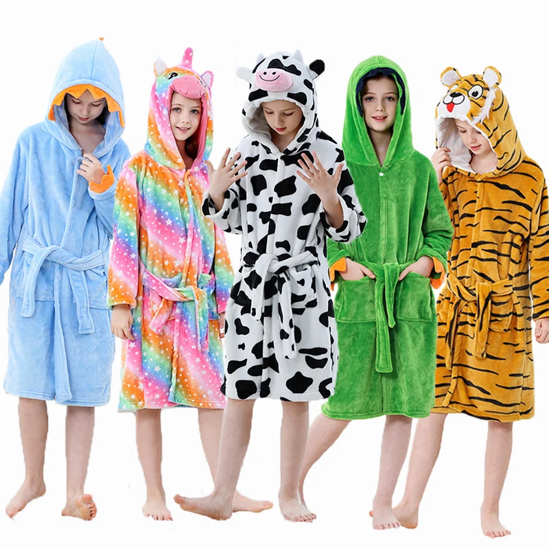 3-13y Detské župany zimné flanel teplé fleece pyžamy chlapci Gilrs Animal Robs Kid Unicorn Cow Flanel Sleepwear Bath plášť