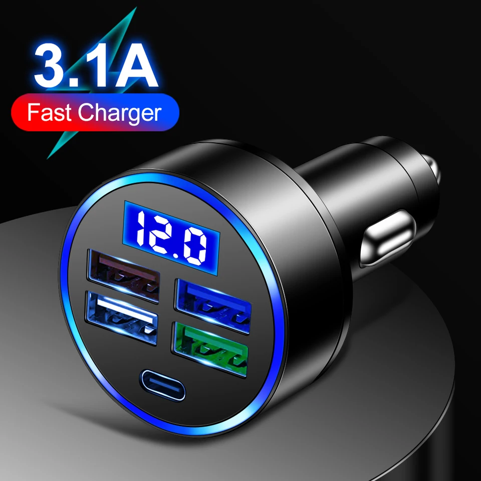 3.1A USB CAR Charger LED 5 portov rýchla nabíjačka PD Typ C QC3.0 USB C nabíjačka mobilného telefónu v aute pre iPhone Samsung Huawei Xiaomi