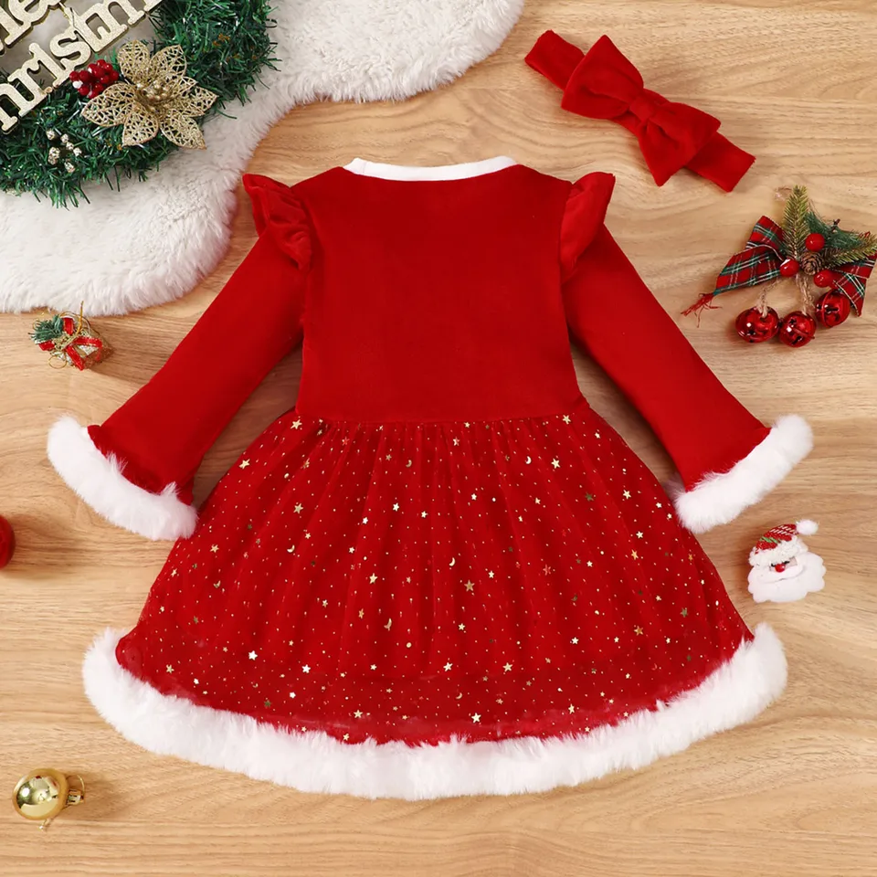 3-24 m vianočné novonarodené dieťa Dievčatá zimné fleece šaty volebné na rukávy Tull Tulle Party šaty červené vianočné kostýmy