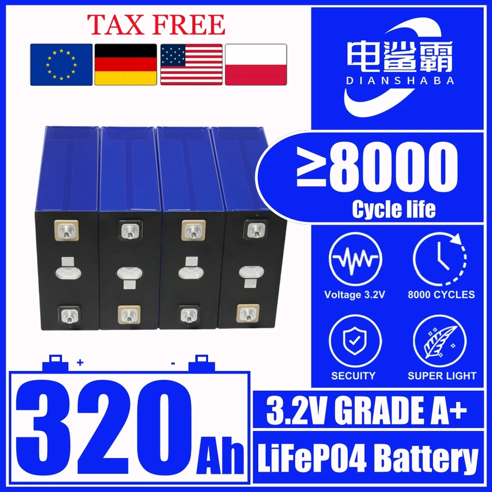 3,2V 320AH LIFEPO4 Nabíjateľná batéria Úplne nová trieda A DIY 12V 24V 48V RV RV Solar Storage Golf CART BATKE BATÍCE EÚ/US DA-FREES