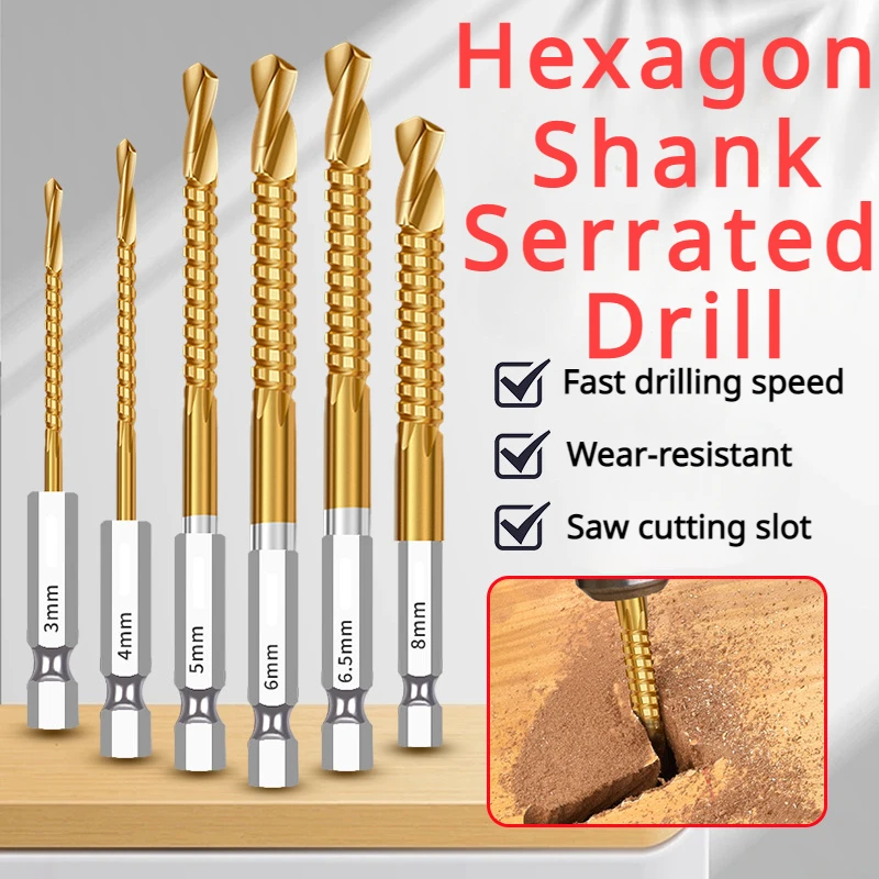 3/6ks Multifunkčné vŕtacie bity pre drevené hexové stopky kovové vŕtačky Bit Titanium Auger Punch Tools Tools Hole Saw Sit Profesionálne vŕtačky