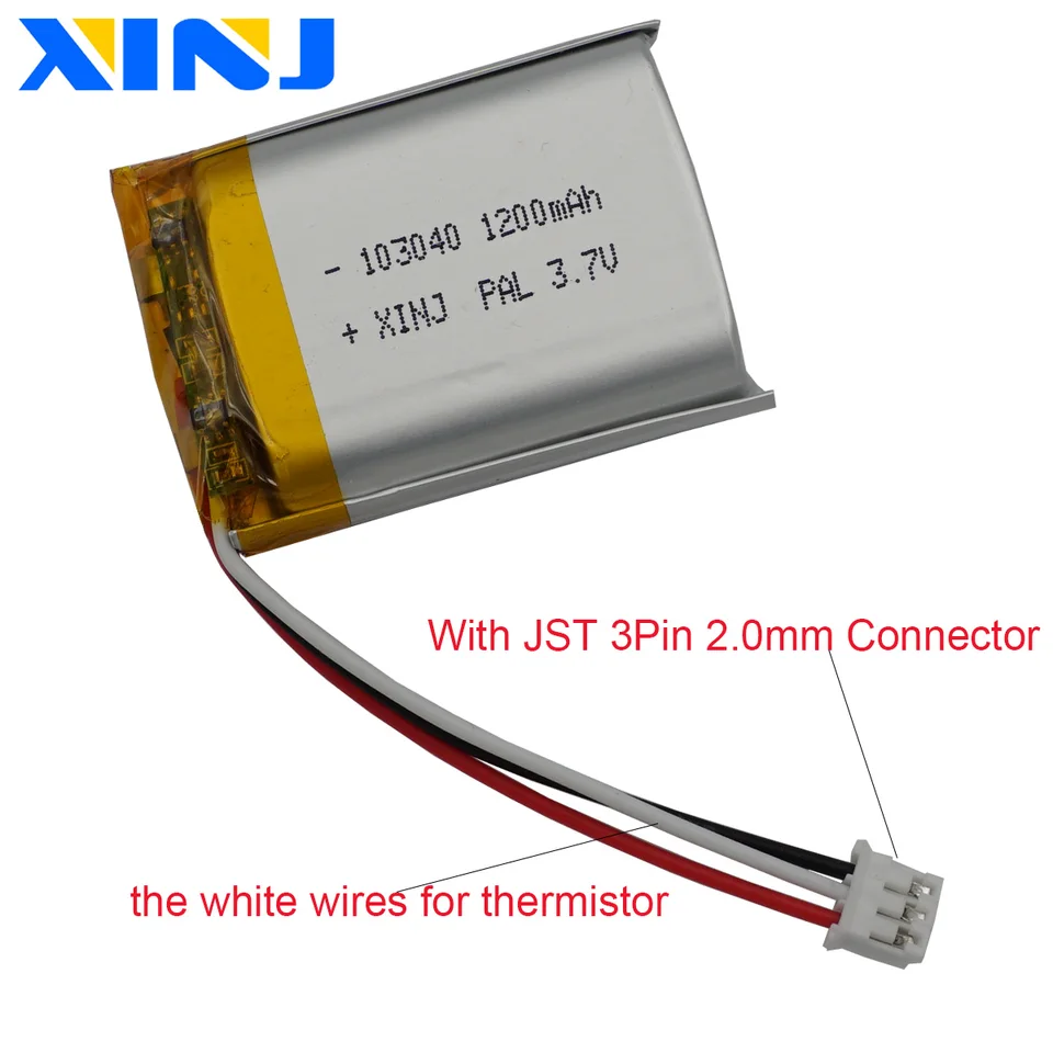 3,7 V 1200 mAh 4,44Wh 103040 JST 3PIN 2,0 mm zástrčka 3-drôtený termistor Li Polymérna batéria pre GPS Bluetooth Reproduktor LED svetlo Dashcam