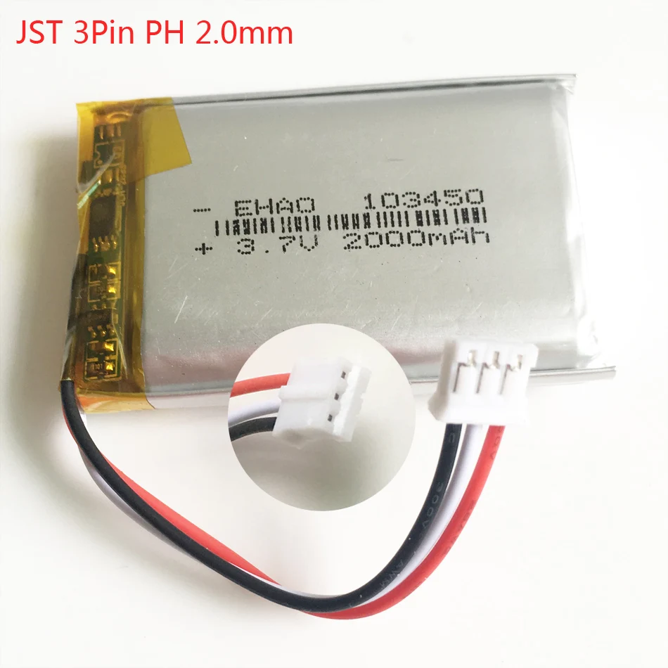3,7 V 2000 mAh Lipo Polymér lítium nabíjateľná batéria 103450 s jst pH 2,0 mm 3pin zástrčka pre GPS Navigator DVD E-kniha kamery