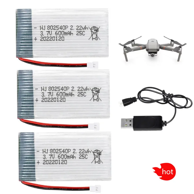 3,7 V 600 mAh 25c LiPo batéria 802540p XH2,54 Plug/USB pre x5 x5c x5sc x5sw M68 x705c R/C Quadcopter Drone Dreve Sury Batéria