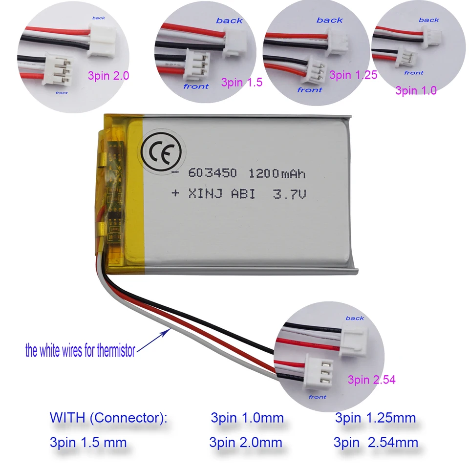 3,7V 1200 MAH 603450 Polymer Li Lipo Termistor 3 Wires JST 3Pin 1,0/1,25/1,5/2,0/2,54 mm pre hudobnú kameru Sat Nav