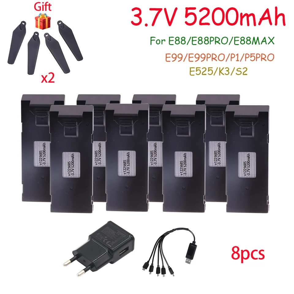 3,7V 5200MAH Nabíjateľná li-iónová batéria a nabíjačka pre RC Drone E88 E88Pro E99 S2 P1 K3 P10 A13 S98 E525 RC QuadCopter Časti