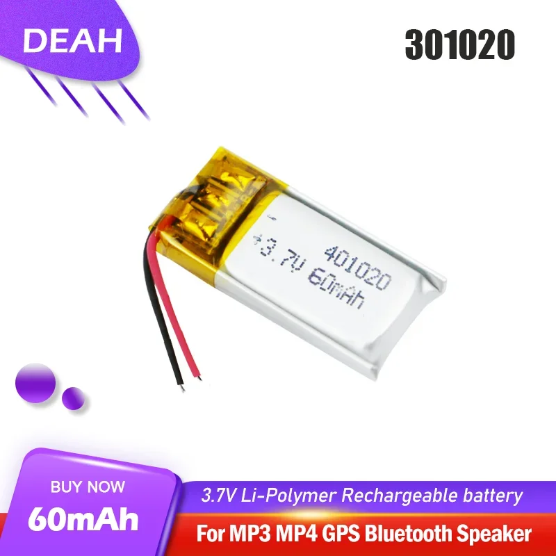 3,7V 60MAH 301020 Littium Polymér Li-po-ion Li-ion Nabíjateľná batéria pre mp3 mp4 mp5 mp5 Bluetooth Subfón odtlačok prsta