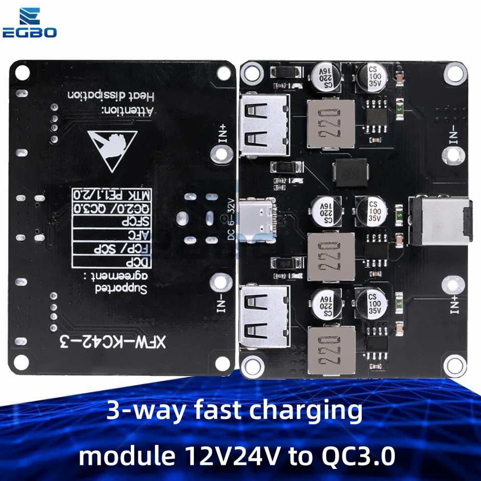 3-cestný rýchly nabíjací modul 12v24v až QC3.0 Rýchle nabíjanie Type-C USB Mobilný telefón doska rýchleho nabíjania