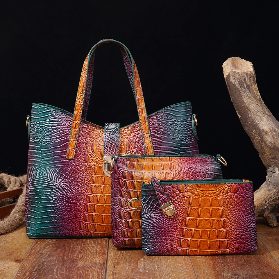 3 -dielna gradientná sada kabelky - elegantný vzor krokodílu, všestranný tote s remienkom Crossbody a mini mincová kabelka, ideálne pre EV
