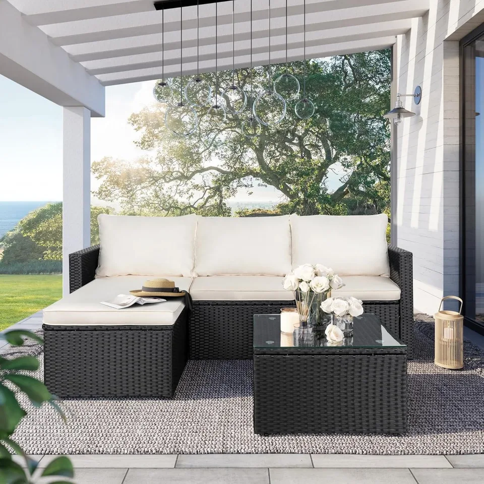 3-dielna terasa Section Sofa so skleneným konferenčným stolíkom a osmanským nábytkom súprava s odnímateľnými mäkkými vankúšmi