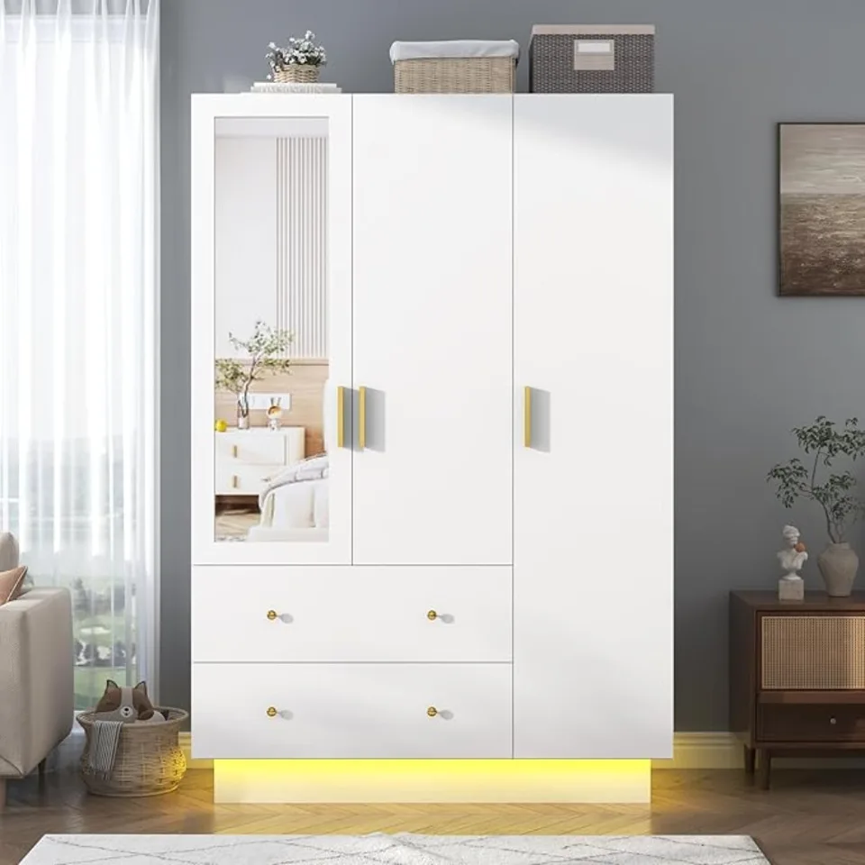 3 dvere šatníka šatníka so zrkadlom, LED armoire s dverami a zásuvkami, drevená skladovacia skrinka s viskom, biela
