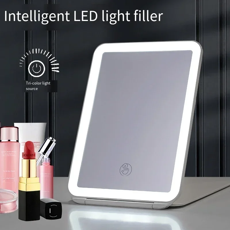 3 farby Svetelné režimy Kozmetické zrkadlá skladacie LED osvetlené dotykové make -up zrkadlo USB nabíjateľné doplnkové zrkadlo