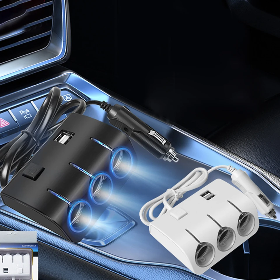 3 IN1 Cigaret Saviter Socket Splitter s 10A poisťovacou trubicou 2 USB Ports Nabíjací adaptér LED indikátor modrého svetla