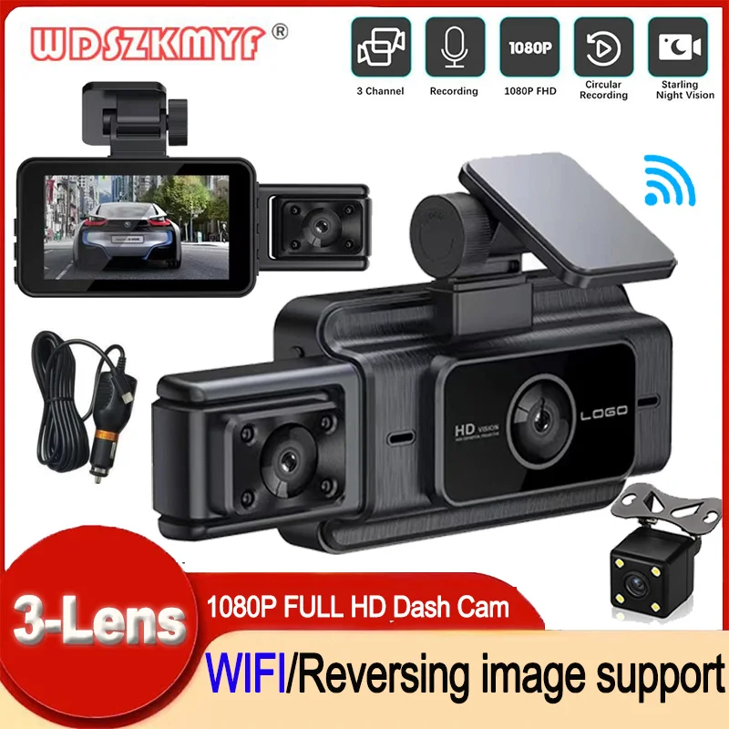 3-kamera Dash Cam Video Recorder WiFi DVR 1080p Fotoaparát pre monitorovanie parkovania vozidla Nočné videnie Čierna skrinka DVR CAR Asictories