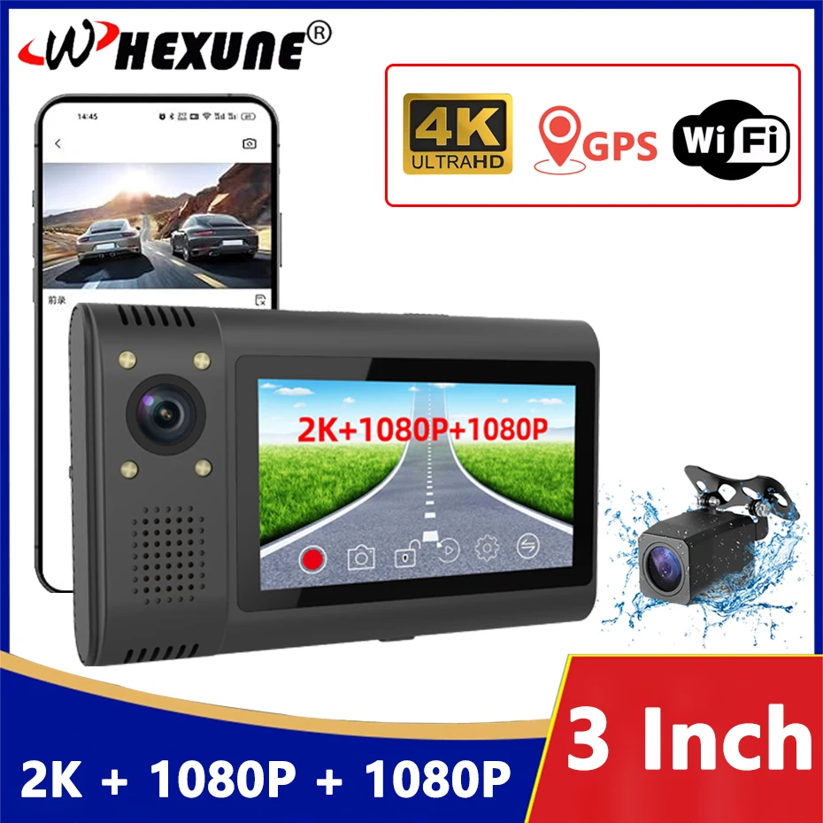 3 -kanálová kamera Dash Cam 4K DVR DVR Front Inside zadné 1080p GPS sledovanie nočného videnia Video Video Registrátor Dashcam Parking Monitor