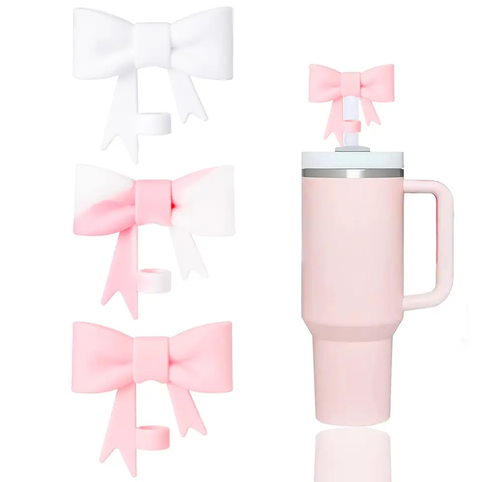 3 ks Classic Pink Bow Slaw Covers Cap Toppers kompatibilné s pohárikmi pohárikov Stanley 30 a 40 oz, opakovane použiteľné roztomilé silikónové slamené tipy