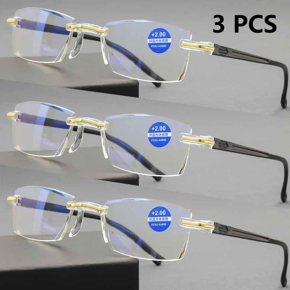 3 ks Klasické čítanie okuliare pre mužov Ženy RIMLESS Design Presbyopické okuliare modré svetlo blokujúce šošovky s vysokým rozlíšením