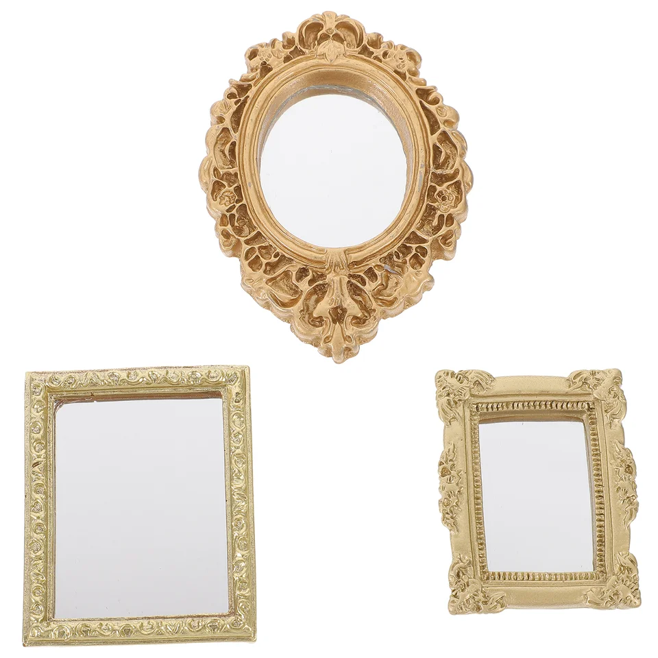 3 ks simulačné zrkadlo Dollous Dollhouse malé mini dekorácie dekorácie klasické retro hračky zlaté zdobenie detské bábiky