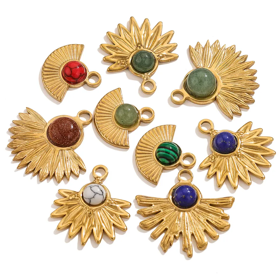 3 ks z nehrdzavejúcej ocele Barokový ventilátor s príveskom 3 mm prírodné tyrkysové PVD Gold -Platted stĺpec DIY Charms Lucky Magnetic Jewellery