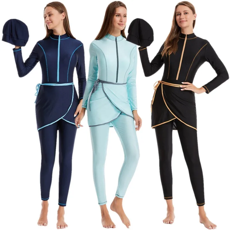 3 -kusové islamské plavky pre ženy plné krycie plavky s predným zipsovým plážovým športom Wear Wear Moslimské dámske plavky Burkini Modest